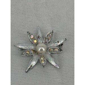 Vintage Emmons Silver Tone Faux Rhinestone & Faux Pearl Starburst Brooch Pin Jew